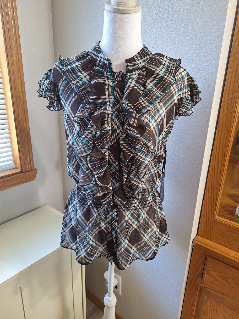 Y2K Ruffled Plaid Short-Sleeve Peplum Blouse - Brown & Blue
